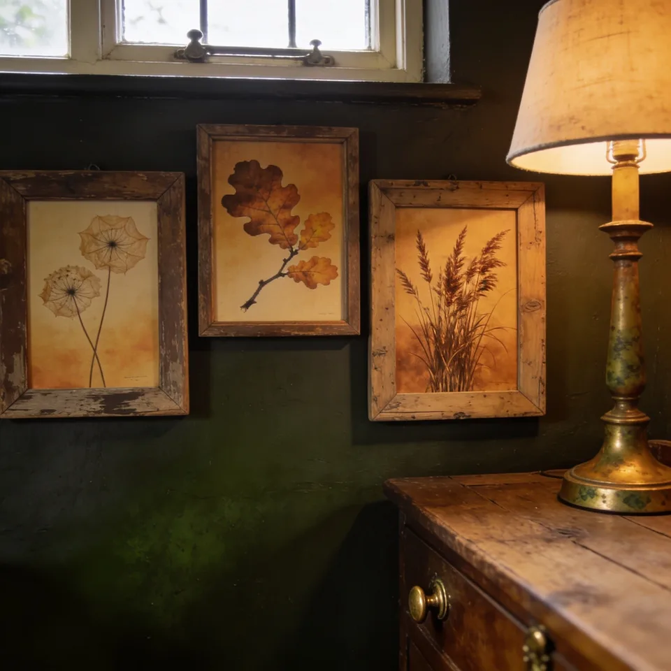 Three amber autumn botanical prints — papery seed heads, a turning oak branch, bronze dried grasses — in mismatched old wood frames grouped on a deep green wall, lit low by a table lamp