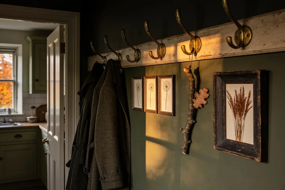 A hall wall between wool coats on brass pegs and the kitchen door — small botanical prints of seed heads and dried grasses in old wood frames, a hung oak sprig, low amber light raking across the green wall