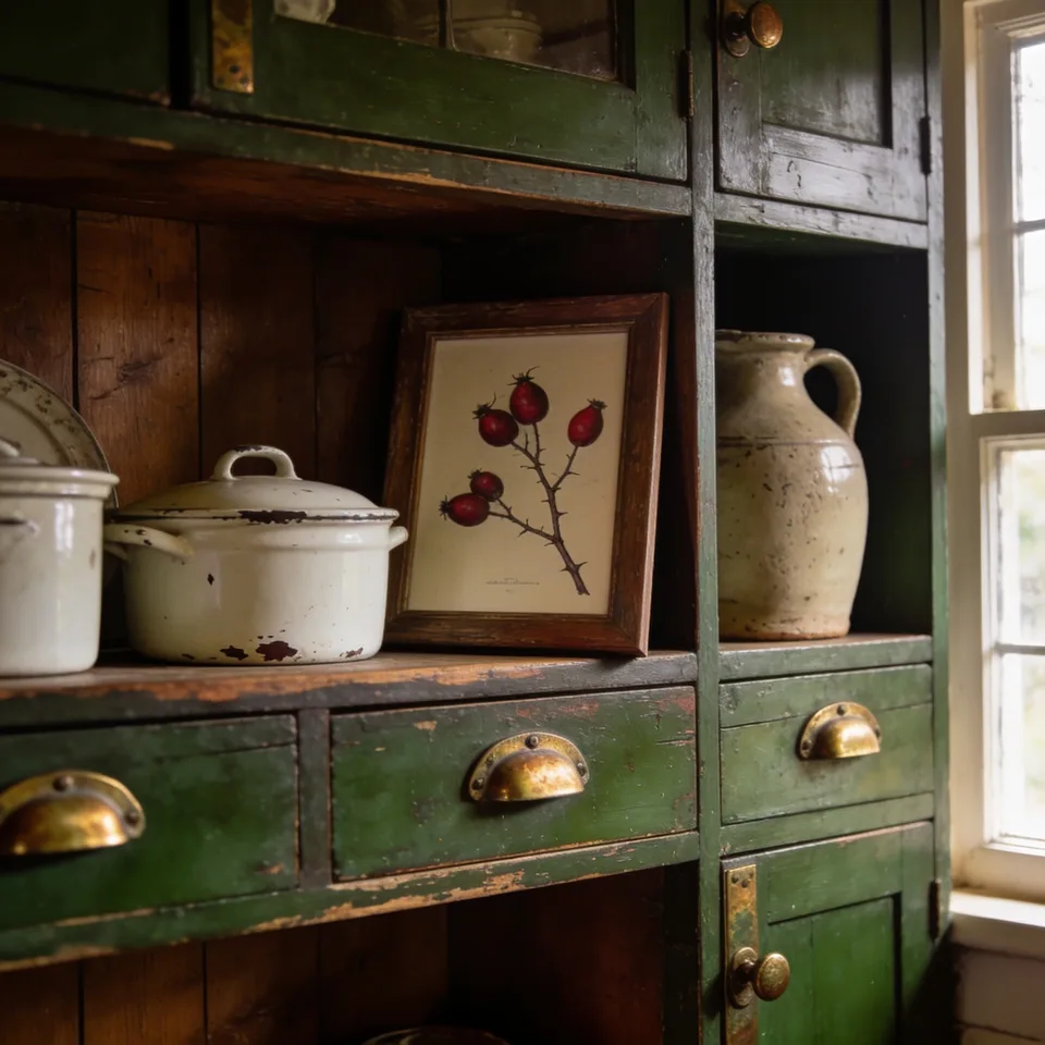 A small framed print of deep red rosehips propped on a green pantry dresser shelf beside chipped white enamelware and a stoneware jug, low warm afternoon light