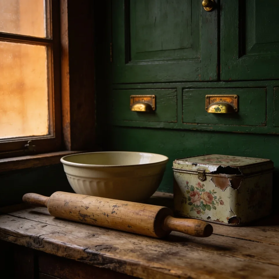 Worn wooden rolling pin beside a cream stoneware mixing bowl and a battered floral biscuit tin on an aged oak counter, deep green painted cupboard behind, low amber window light