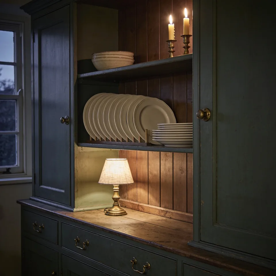 A dark green painted dresser at dusk with a small brass table lamp lit on its worn pine work surface, throwing warm light up onto a row of cream plates standing upright in a wooden plate rack, a stack of shallow bowls beside them, a stoneware bowl on the shelf above and two lit beeswax candles in brass candlesticks at the end of it, with a small window showing the last blue light outside