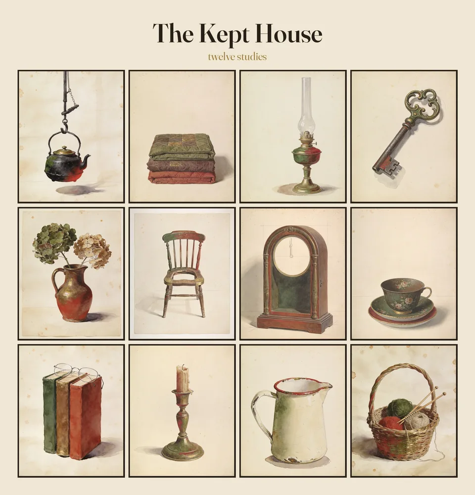 All twelve studies laid out together under the heading The Kept House: a kettle hanging on its hook, a stack of folded quilts, a brass oil lamp, an iron door key, a red jug of dried hydrangeas, a painted windsor chair, a mantel clock, a floral teacup on its saucer, three clothbound books under reading glasses, a brass candlestick holding an unlit candle with wax run down its side, a chipped enamel pitcher, and a willow basket of wool, each painted in watercolour on aged cream paper