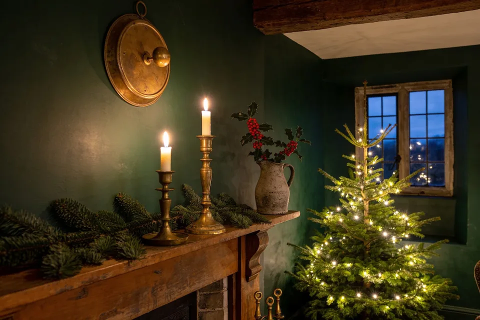 A deep green cottage sitting room at December dusk — fresh fir laid along the wooden mantel with two lit brass candlesticks standing in it, a stem of red-berried holly in a stoneware jug, a small real tree strung with warm lights glowing against the dark wall, and the leaded window behind gone deep blue
