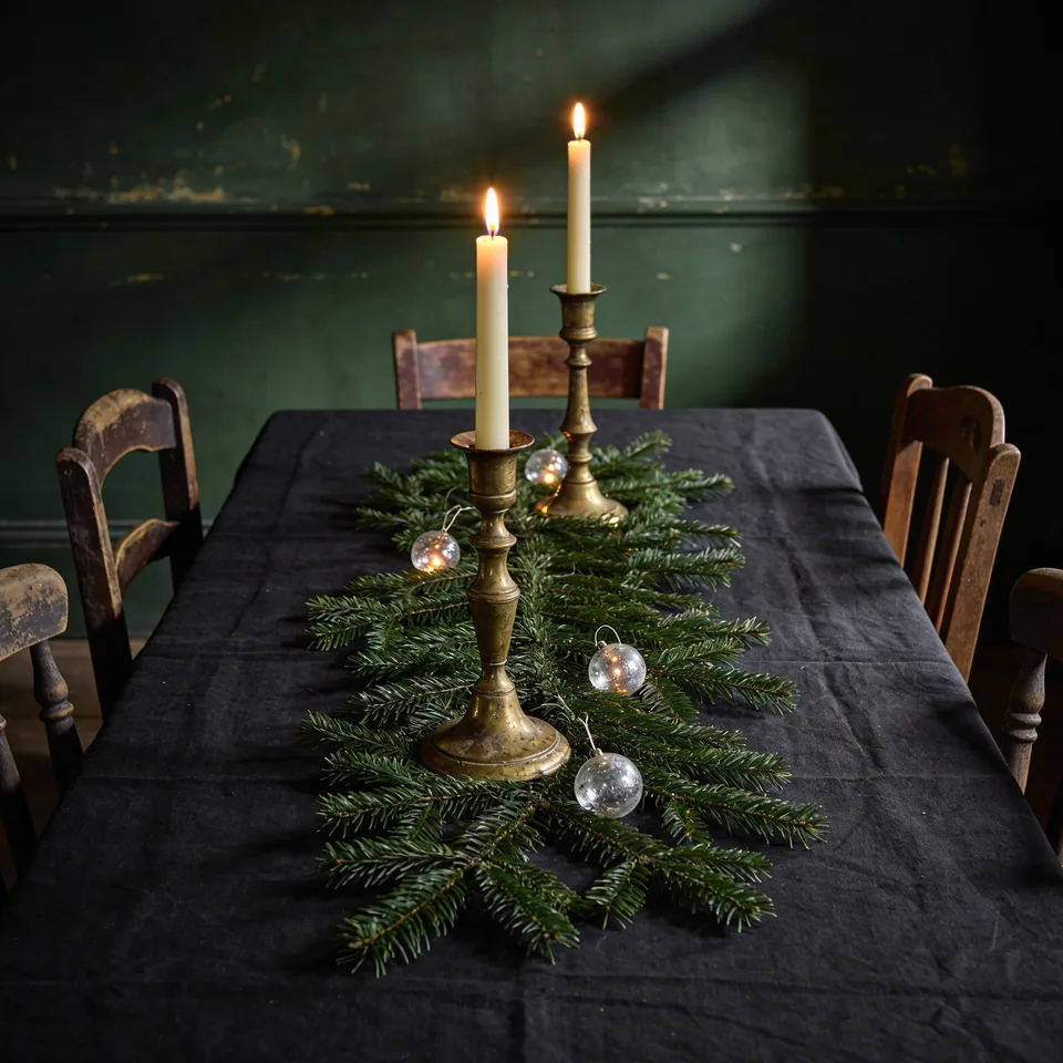 A Christmas dinner table in a deep-walled dining room — fir laid flat down a dark linen cloth, two brass candlesticks at unequal heights carrying lit ivory tapers, old clear-glass baubles resting loose in the green, mismatched wooden chairs pulled in, and the deep green walls fading to shadow beyond the candlelight