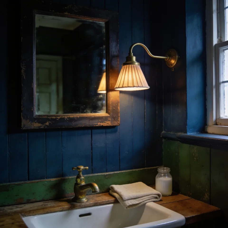 A lit brass gooseneck wall light with a pleated linen shade beside an old mirror in a worn, chipped dark wooden frame on a deep blue painted board wall, the shade reflected in the glass, with a white basin and an aged brass tap below, a folded cream hand towel and a small glass jar of something white on the wooden ledge, and a white window frame at the right edge