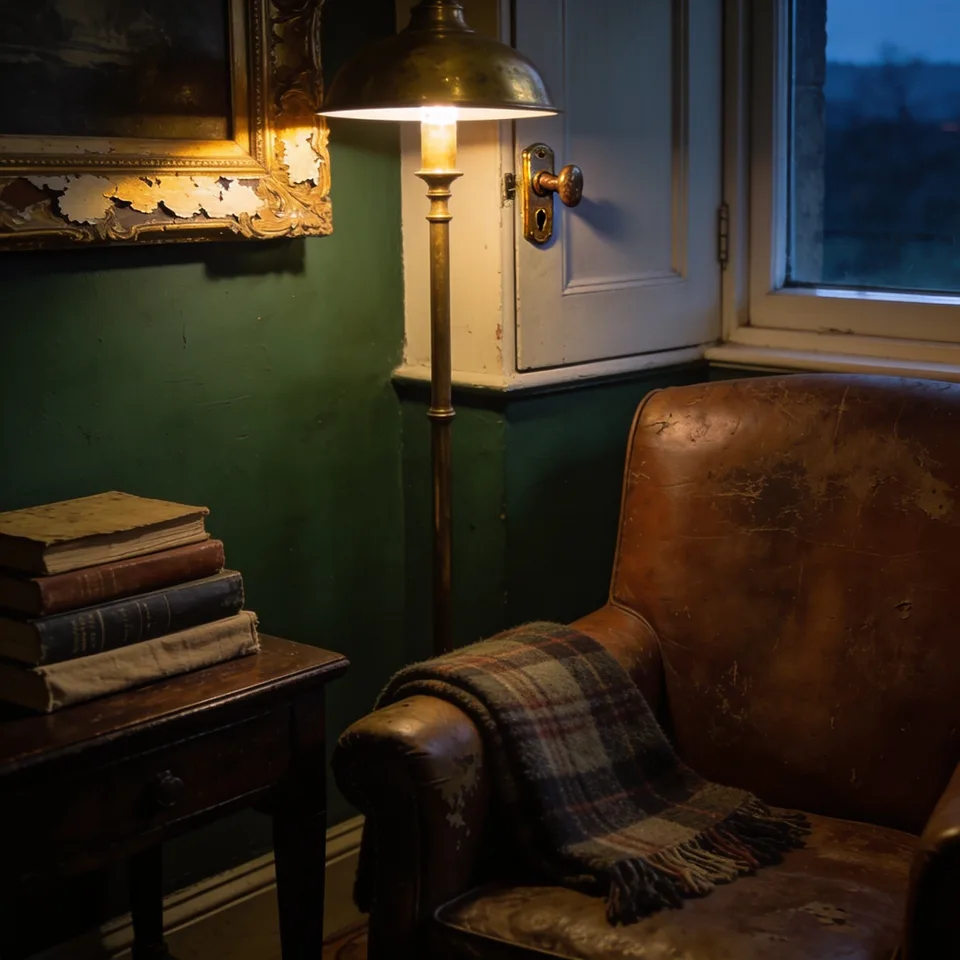 A corner of a deep green sitting room at dusk — a worn leather armchair with a plaid wool throw, a lit brass floor lamp, old clothbound books stacked on a dark side table beneath a chipped gilt frame