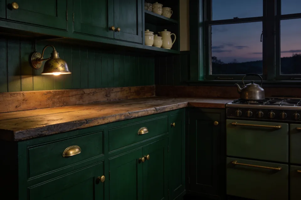 Deep bottle-green cottage kitchen at dusk — a lit brass wall lamp over an aged oak worktop, cream stoneware on open shelves, a kettle on the stove