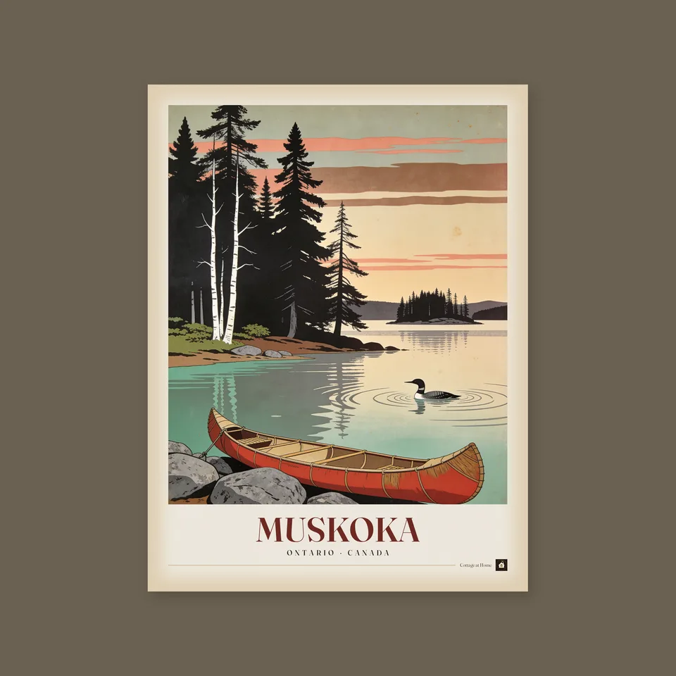 A vintage travel poster titled Muskoka, Ontario, Canada: a red canoe pulled up on grey rocks in the foreground, a loon on still green water, two white birches and tall black pines on the left shore, and a small island of spruce under a peach and rose sunset sky