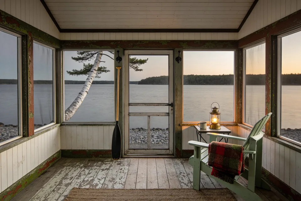 A screened three-season room at dusk with painted off-white board walls and ceiling and green paint flaking from the screen frames, open on three sides to a flat grey lake with a leaning white birch, a cobble shore and a dark treeline across the bay, a chalky green Muskoka chair at the right turned toward the water with a red and green plaid wool blanket over its arm, a lit brass lantern and an enamel mug on a small table beside it, a paddle hung on two iron pegs by the screen door, and a woven rug on the worn painted plank floor