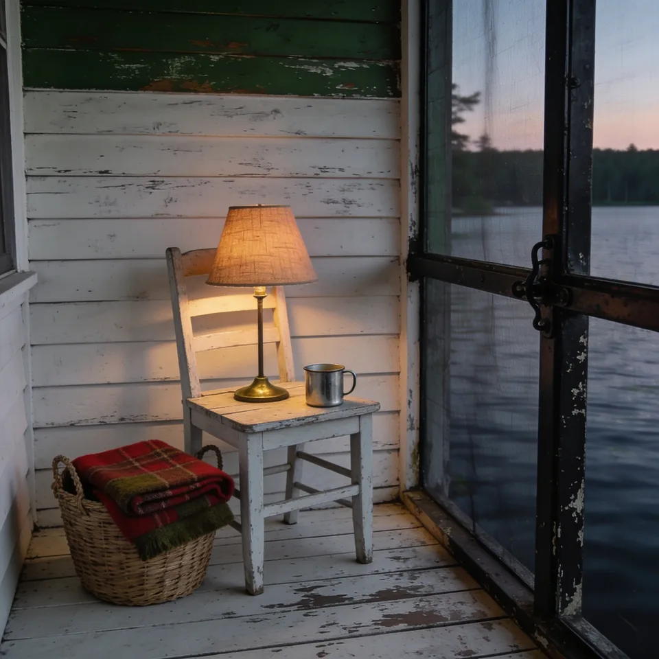 A lit table lamp with a warm linen shade and a brass base standing on a small chipped white painted table against the painted board wall of a screened lake room at dusk, with an enamel mug beside it, a red and green plaid wool blanket folded in a woven basket on the worn plank floor, and the screen door and dark lake beyond at the right
