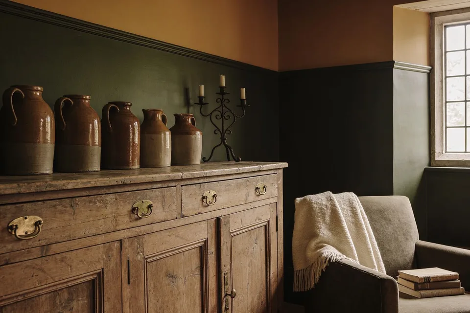 A worn stripped-pine dresser with brass drop handles standing against a deep green cottage wall under an ochre upper wall, five brown and cream salt-glazed jugs along its top beside a wrought iron candelabra, a cream wool throw over an armchair and two clothbound books, in low light from a small-paned window