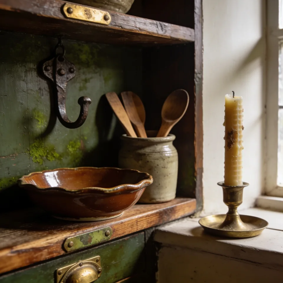 A worn wooden shelf inside a green-painted cottage dresser, its paint flaked back to bare board, holding a brown-glazed slipware bowl and a pale stoneware crock of wooden spoons, with a hand-forged iron hook above and a beeswax candle in a brass candlestick on the white windowsill beside it