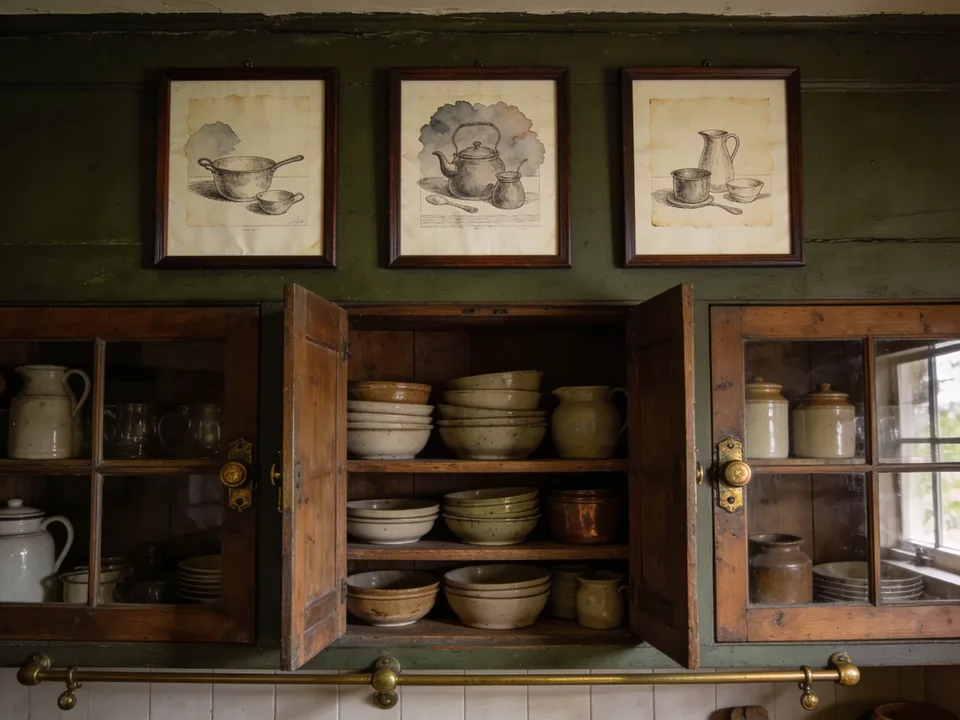 Three of the six kitchen studies in dark wood frames on a deep green wall, hung above glass-front cupboards of stoneware — the copper stock pot, the hearth kettle, and a jug with cup and bowl, each etched under a soft watercolour wash on aged cream paper