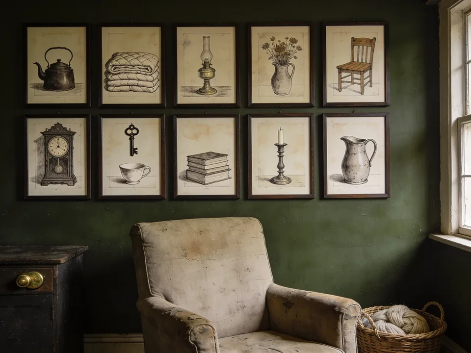 Ten of the twelve studies hung as a gallery wall on deep green plaster above a worn armchair and a basket of wool — the kettle, folded quilts, an oil lamp, a jug of dried flowers, a windsor chair, a mantel clock, an iron key over a teacup, stacked books, a candlestick, and an enamel pitcher