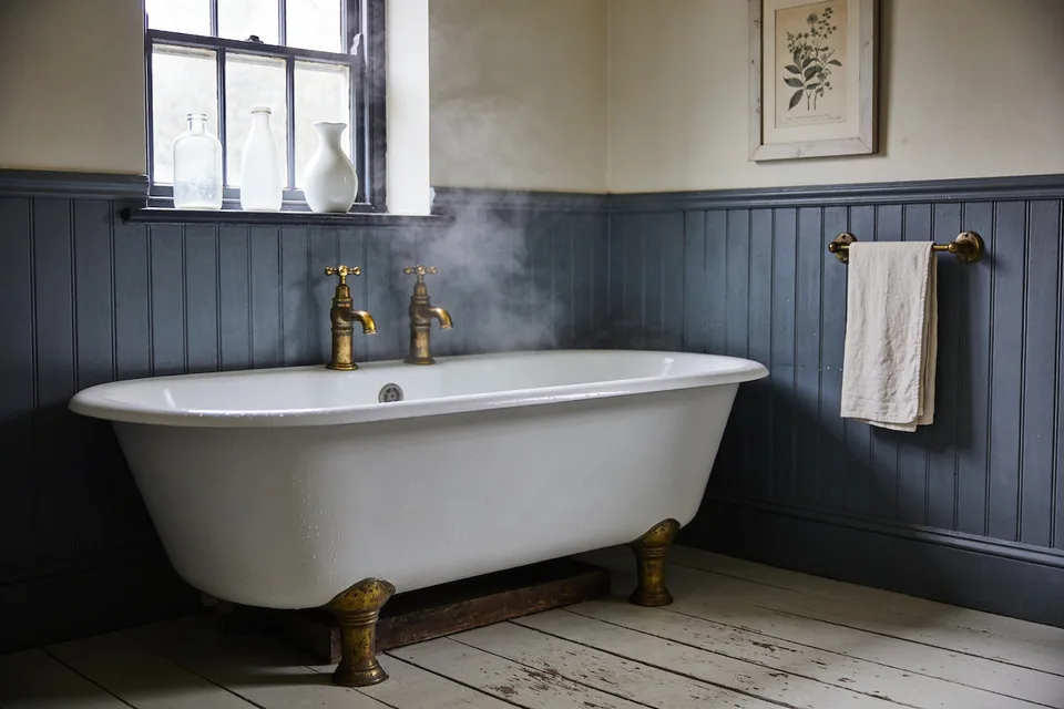 A small cottage bathroom in wet gray morning light — slate-blue beadboard to shoulder height under cream plaster, a white cast iron tub on aged brass feet with two brass pillar taps rising from its rim, steam drifting toward a small paned window whose sill holds a clear glass bottle, a white milk bottle and a small white jug, a botanical print in a plain pale frame on the plaster above, a cream linen towel hung over a brass rail, wide painted floorboards worn pale at the foot of the tub