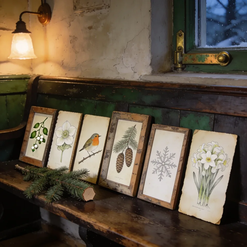 The six vintage Christmas pack prints — a mistletoe sprig, a Christmas rose, a winter robin on a twig, a spruce sprig with two cones, a snowflake study, and paperwhite narcissus — some in mismatched old frames and some loose sheets, leaned in a row along a dark wooden bench in low winter lamplight, a cut spruce branch lying beside them