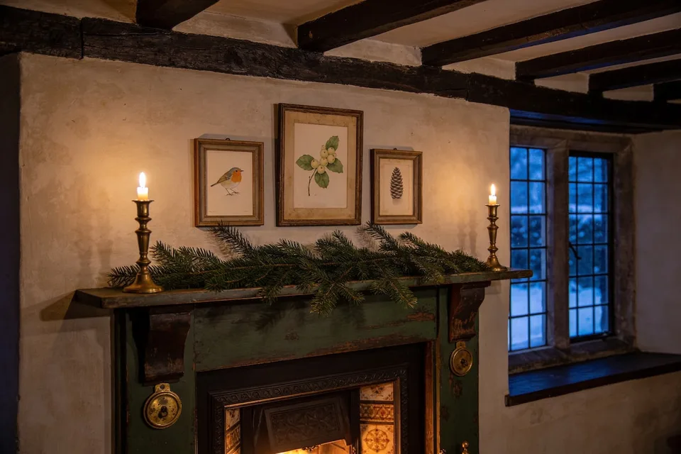 Three small vintage prints in old wood and gilt frames on a cottage plaster wall at December dusk — a robin study, a sprig with pale berries, a single fir cone — above a mantel laid with fresh spruce and two lit brass candlesticks, a leaded window gone deep blue with snow beyond
