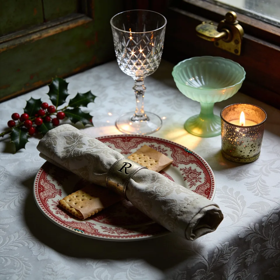 A close view of one place setting on a white damask cloth beside a green painted window frame with an aged brass catch: a red and white transferware plate patterned with roses and scrollwork, a heavy damask napkin rolled through a worn silver napkin ring engraved with the letter R, two plain biscuits on brown paper laid across the plate, a hand-cut crystal wine glass on a slender stem throwing small sharp points of light onto the cloth, a pale green footed depression glass sherbet dish beside it, a short spotted mercury glass votive holding a lit flame, and a sprig of holly with red berries on the cloth to the left