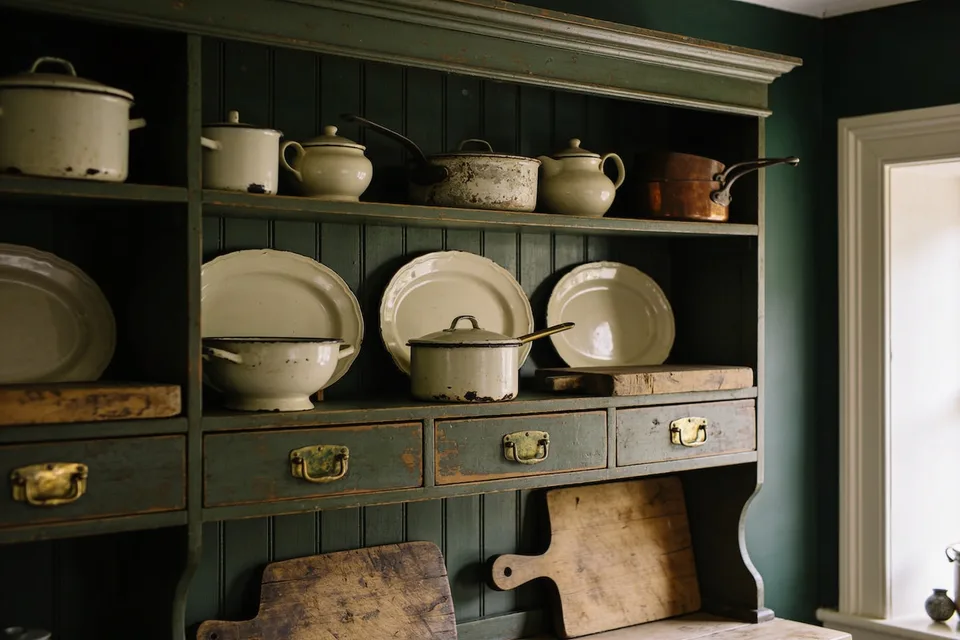 Green-painted cottage dresser holding handed-down enamelware pots, cream platters, a copper pan and worn cutting boards in low afternoon light