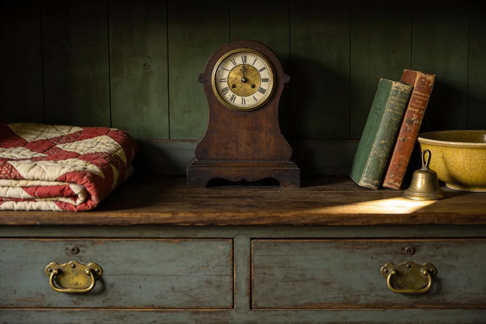 A dark wood mantel clock with a worn brass and cream dial standing on a green-painted dresser against a deep green plank wall, a hand-stitched quilt in faded reds and creams folded to one side, two clothbound books in rubbed green and rust leaning beside a yellow-ware bowl with crazed glaze, and a small brass hand bell catching a patch of low afternoon light on the boards