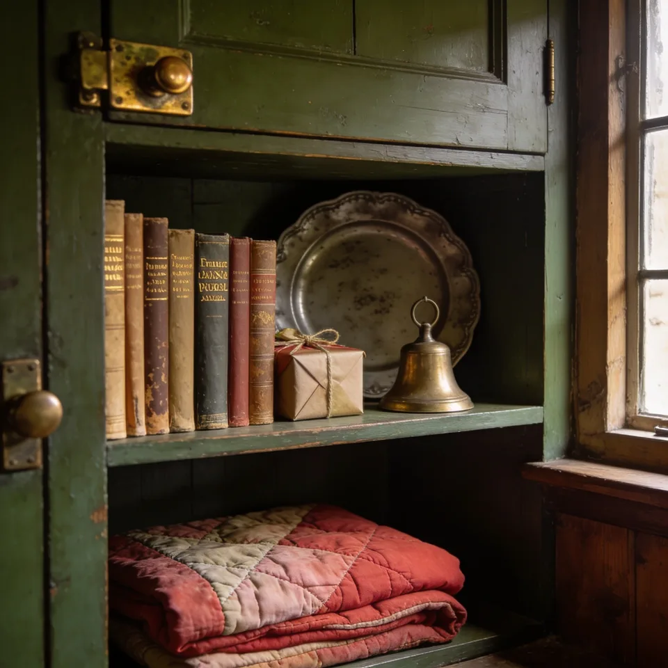 An open green cupboard beside a deep-set window, its upper shelf holding a row of clothbound books with faded gilt titles, a brown-paper parcel tied with twine, and a small brass hand bell before a scalloped pewter plate standing on its rim, with a hand-stitched quilt in soft faded reds folded on the shelf below