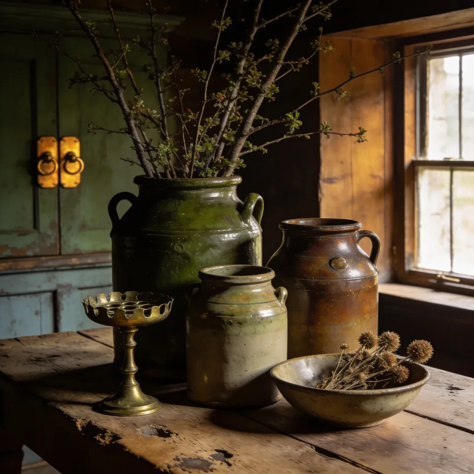 Salt-glazed stoneware crocks on a scrubbed pine table in low amber light, the tallest holding cut branches, a pierced brass flower frog standing beside a shallow bowl of dried seed heads