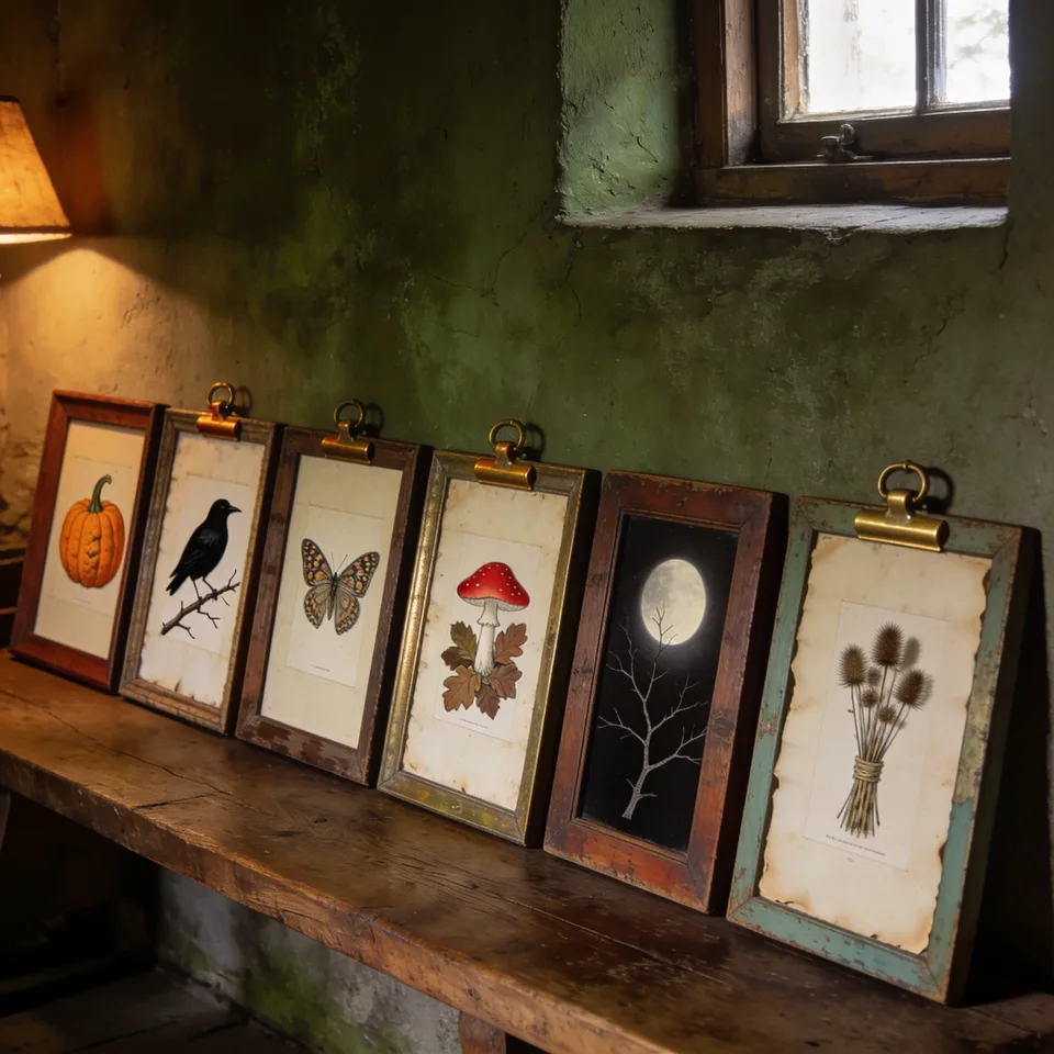 The six vintage Halloween pack prints: a warted pumpkin, a crow on a bare branch, a patterned moth, a fly agaric among oak leaves, a bare branch against a full moon, and tied teasel stems, in mismatched old frames leaned along a wooden bench against a plaster wall in low amber lamplight