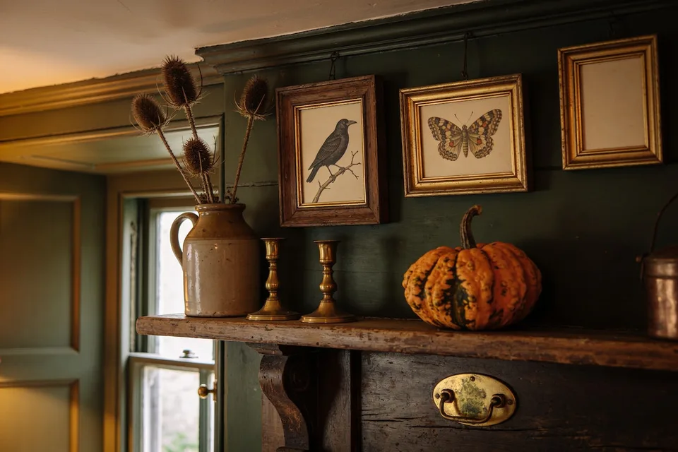 An October cottage mantel in low amber lamplight, hung with small vintage natural-history prints in old wood and gilt frames, a crow on a bare branch, a patterned moth, one frame still waiting for its print, a warted heirloom pumpkin and dried teasel in a stoneware jug beside brass candlesticks below