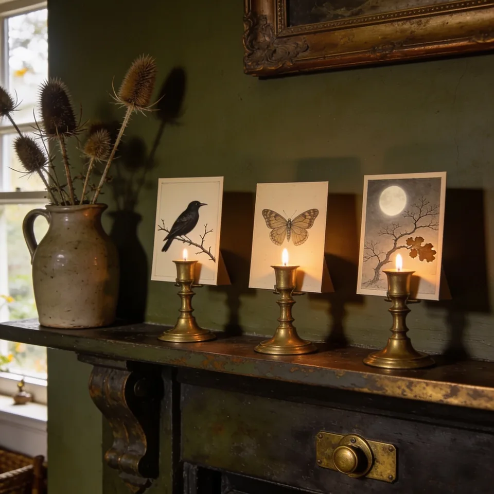 A cottage mantel in late October: three small vintage prints propped behind lit brass candlesticks, a crow on a bare branch, a moth, and a bare branch against a full moon, stoneware jug of dried teasel at one end, low candlelight and deep shadow