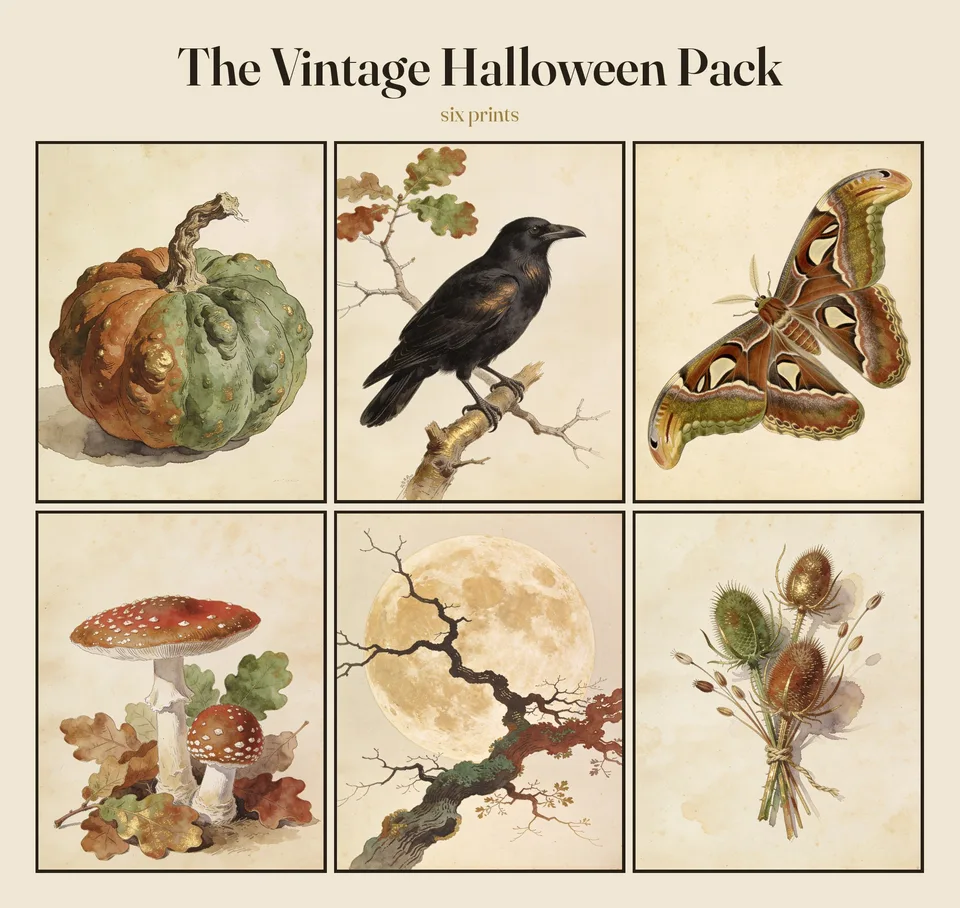 All six vintage Halloween prints laid out together under the heading The Vintage Halloween Pack: a warted heirloom pumpkin turning orange to green with gilded blisters, a crow on a bare oak branch under turning oak leaves, a moth with eye-marked wings, two fly agaric mushrooms among fallen oak leaves, a full moon behind a mossy bare branch, and a tied bunch of teasel heads, each painted in watercolour on aged cream paper