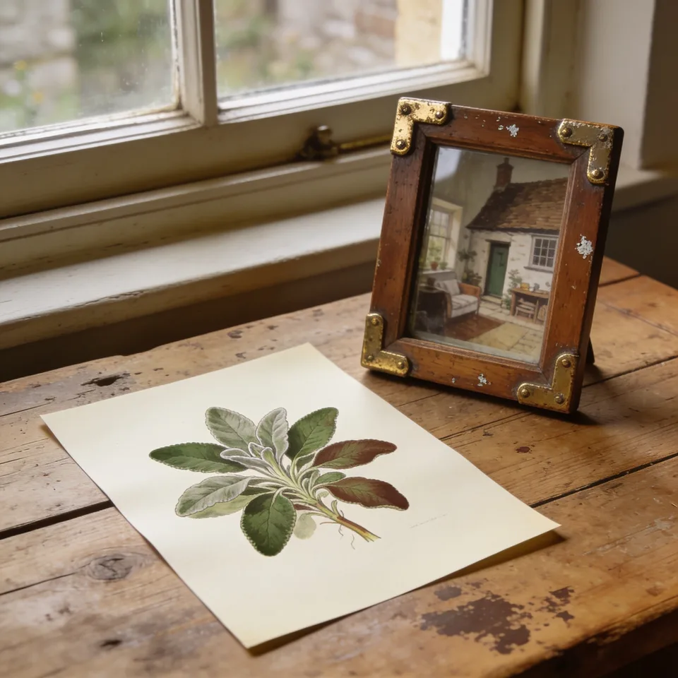 A hand-colored botanical plate of sage freshly printed on heavy cream paper, lying on a scrubbed pine table by the window beside a small thrifted wood frame with worn brass corners