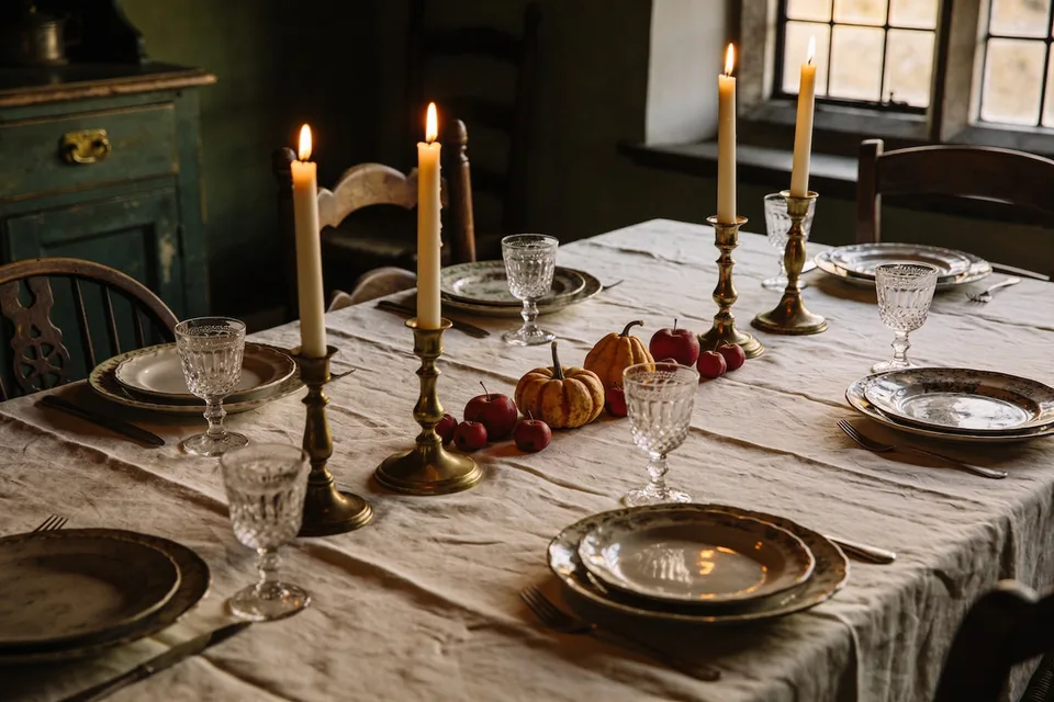 A long cottage table dressed in a creased cream linen cloth, set with mismatched vintage plates and pressed-glass goblets, four brass candlesticks of unequal heights carrying lit ivory tapers, small striped gourds and crabapples running low down the middle, and odd wooden chairs pulled up around it before a paned window holding the last of the afternoon light