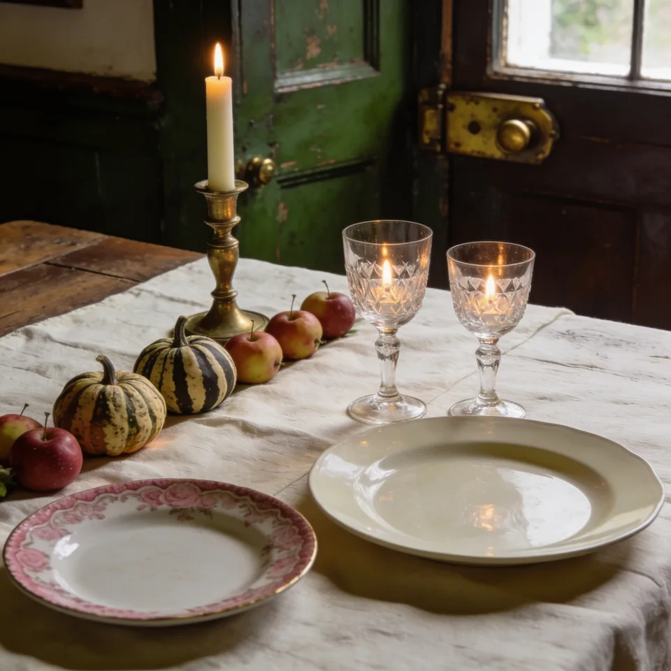 A rose-rimmed vintage plate beside a plain ivory one on a creased cream linen cloth, two pressed-glass goblets glowing with candlelight, a brass candlestick carrying a lit ivory taper, and striped gourds and crabapples running along the table's middle past a green painted door