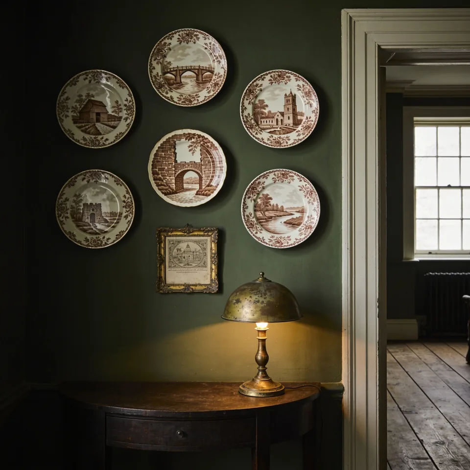 Six mismatched brown transferware plates — a barn, a bridge, a church, a ruined arch, a castle, a river — hung at uneven spacing on a deep green wall, a small engraving in a worn gilt frame low among them, a lit brass lamp on the dark table below